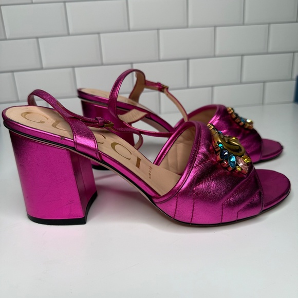 Gucci Pink Metallic Marmont Sandals with Crystal GG – Size 39 - Picture 3 of 10
